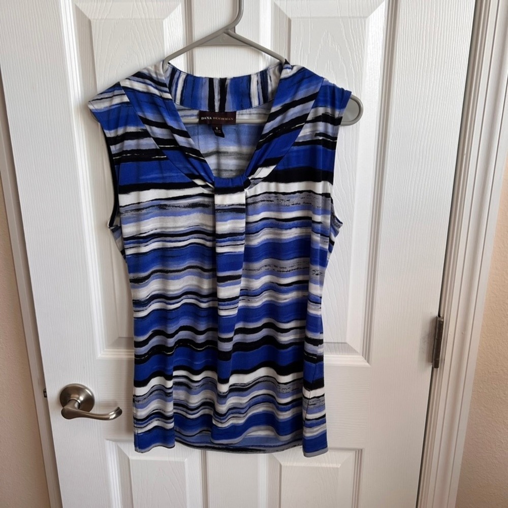 Dana Buchman‎ Sleeveless Top Blue Striped Twist Neck Blouse Size S